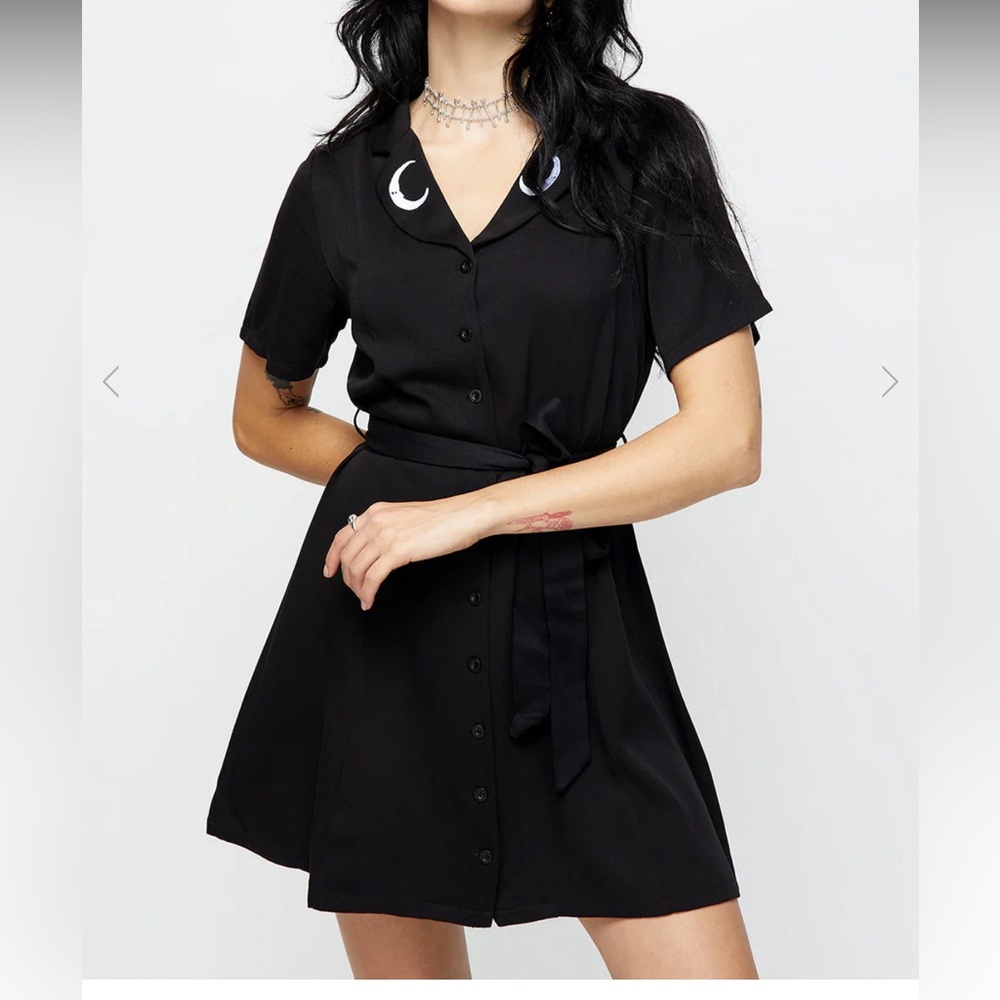 Disturbia Black Button-Up Dress with Moon Detail